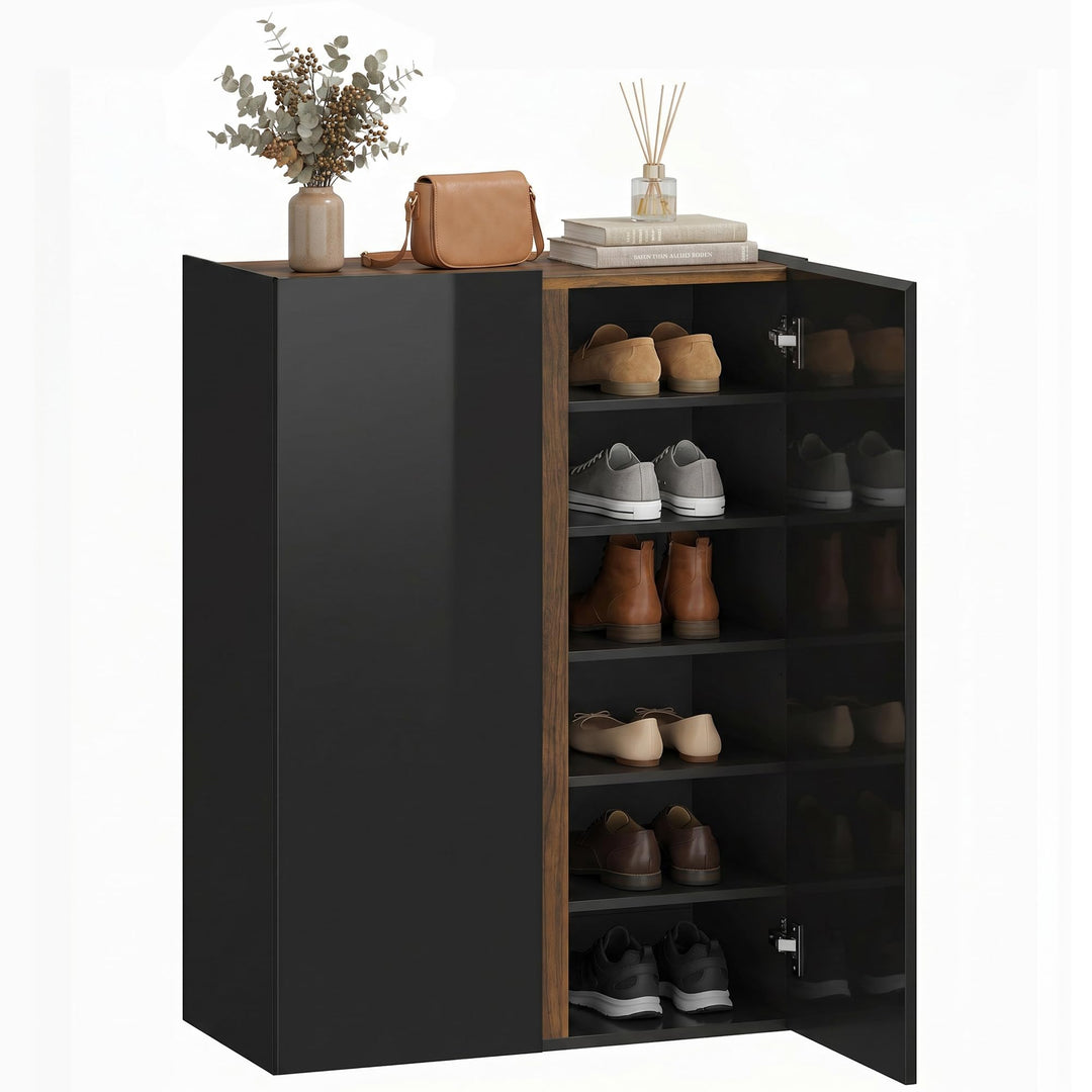 HOMCOM Schuhschrank mit 2 Hochglanz Türen 18 Paar 70x33,5x95 cm, Schwarz | Schuhregal, Schuhkommode,