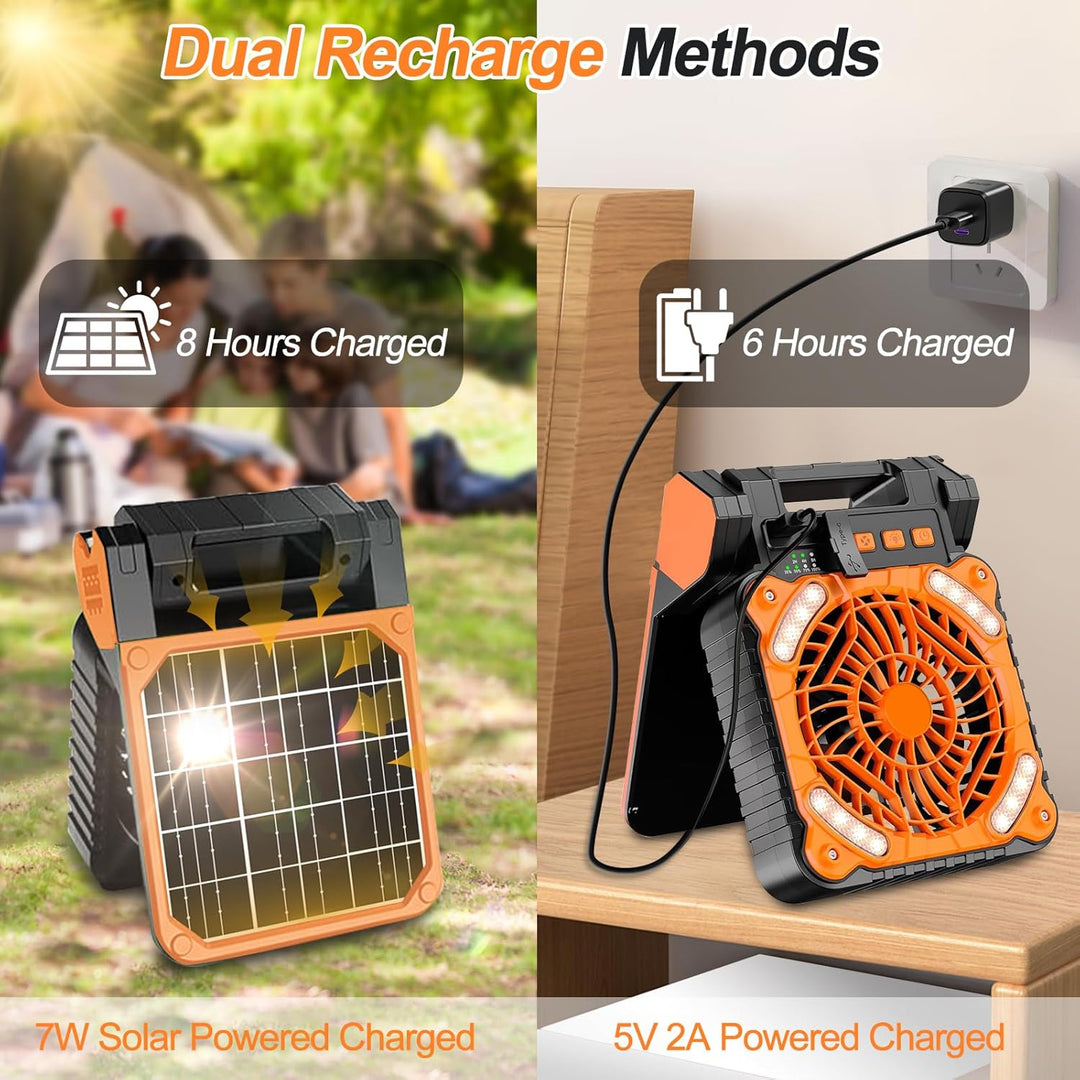 Camping Ventilator mit Akku 10400mAh, Solar Ventilator Outdoor mit LED-Licht, 4 Geschwindigkeiten Tr