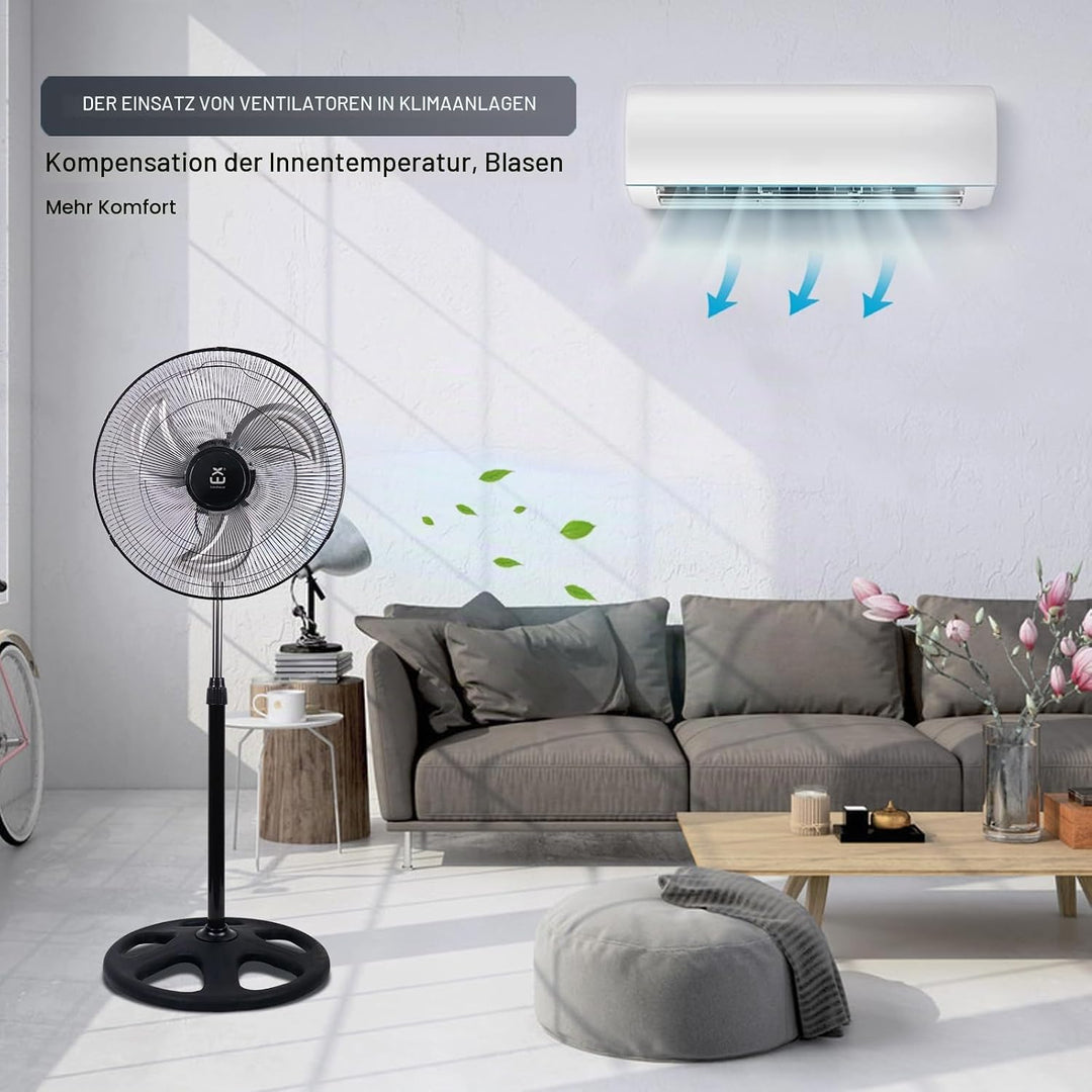 Standventilator 50cm Industrie Ventilator mit 3 Aluminiumflügeln, 80W Starker Luftstrom, 3 Geschwind