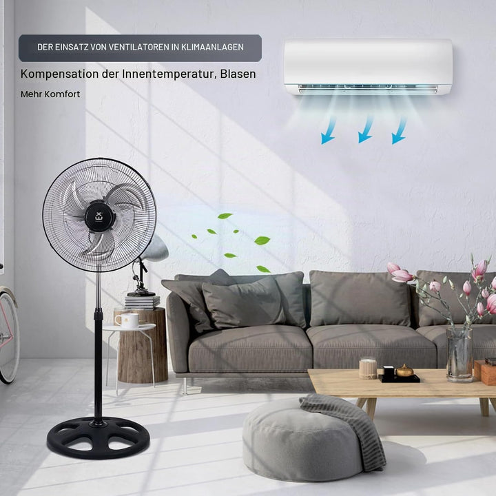 Standventilator 50cm Industrie Ventilator mit 3 Aluminiumflügeln, 80W Starker Luftstrom, 3 Geschwind