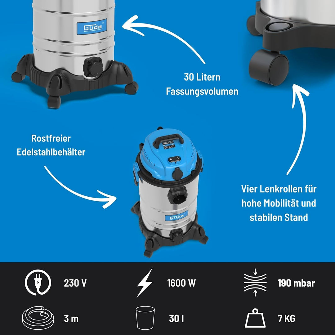 Güde 30 L 17002, NASS-TROCKENSAUGER GNTS 30L, Blau, Silber, schwarz, 1600 W, 85 Dezibel 1600W / 30L,