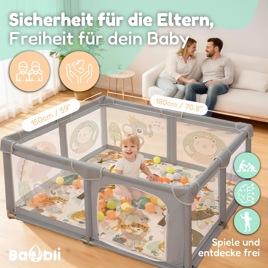 Laufstall für Babys, 150x180 cm, Babymatte, 60 Bälle, Griffe, Tragetaschen, Laufstall mit atmungsakt