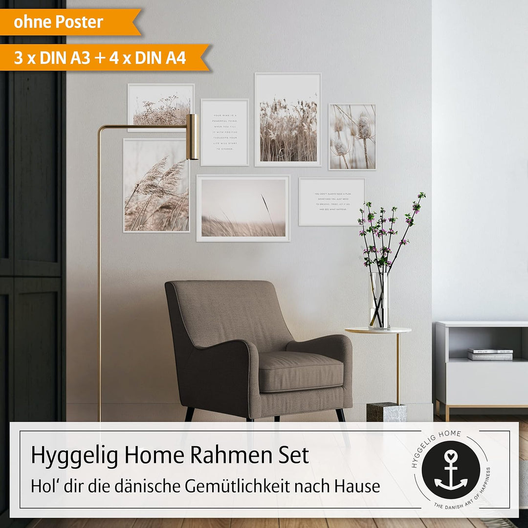 Hyggelig Home Rahmen Set - 7 hochwertige Bilderrahmen aus Holz mit bruchsicherem Plexiglas - 3 x DIN