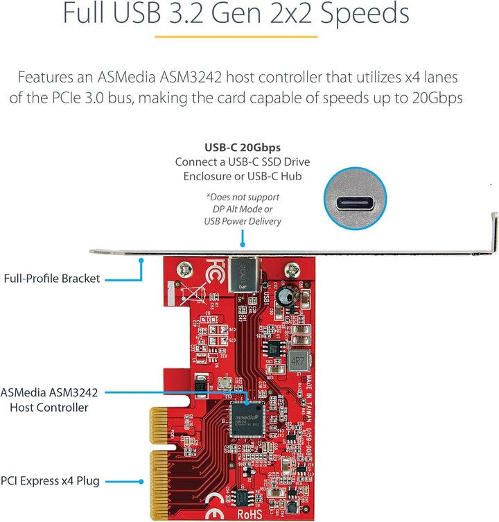 StarTech.com 1-Port USB-C PCIe Adapter - USB-C SuperSpeed 20 Gbit/s PCI Express 3.0 x4 Host Controll