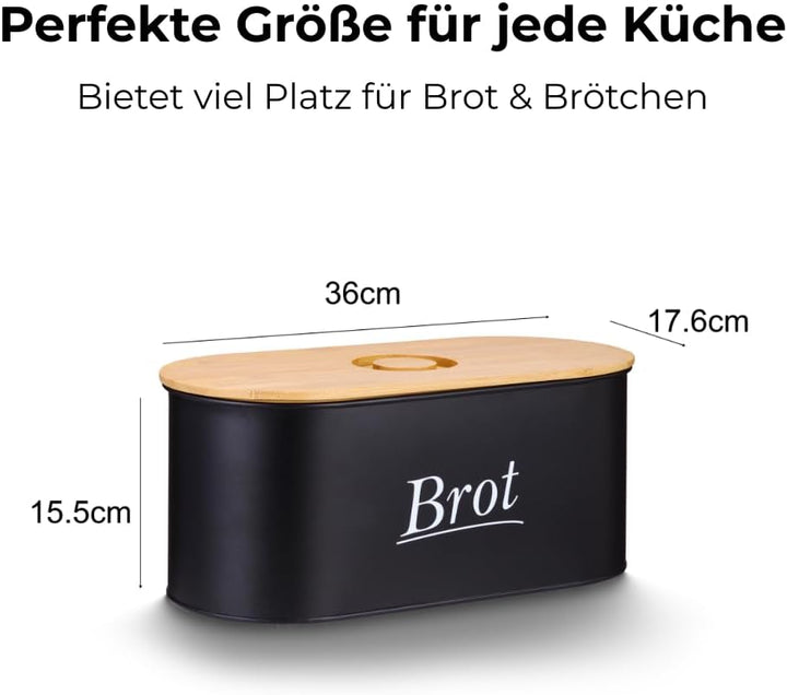 Brotkasten aus Metall mit multifunktionalem Bambusdeckel & Luftlöchern - Brotbox Schwarz für lange F