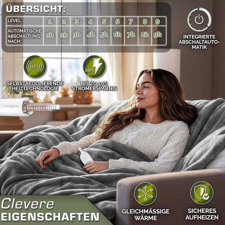 Heizdecke aus Plüsch 200 x 180 cm | elektrische Wärmedecke mit Abschaltautomatik | Kuscheldecke | Ti