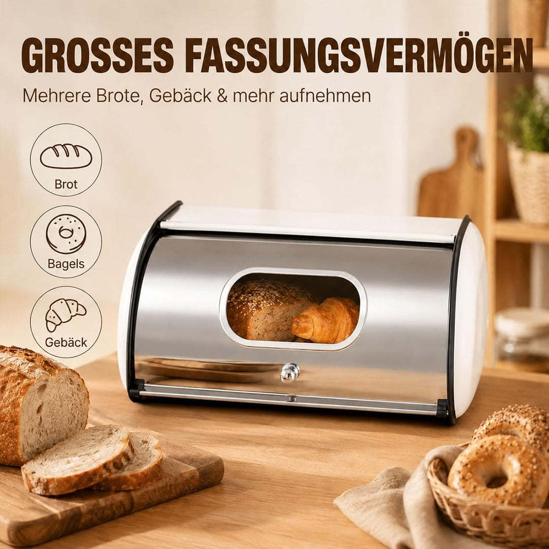Brotkasten Edelstahl Weiss, Rollbrotkasten mit Acryl-Sichtfenster und Lüftungsöffnungen, Brotbox zur