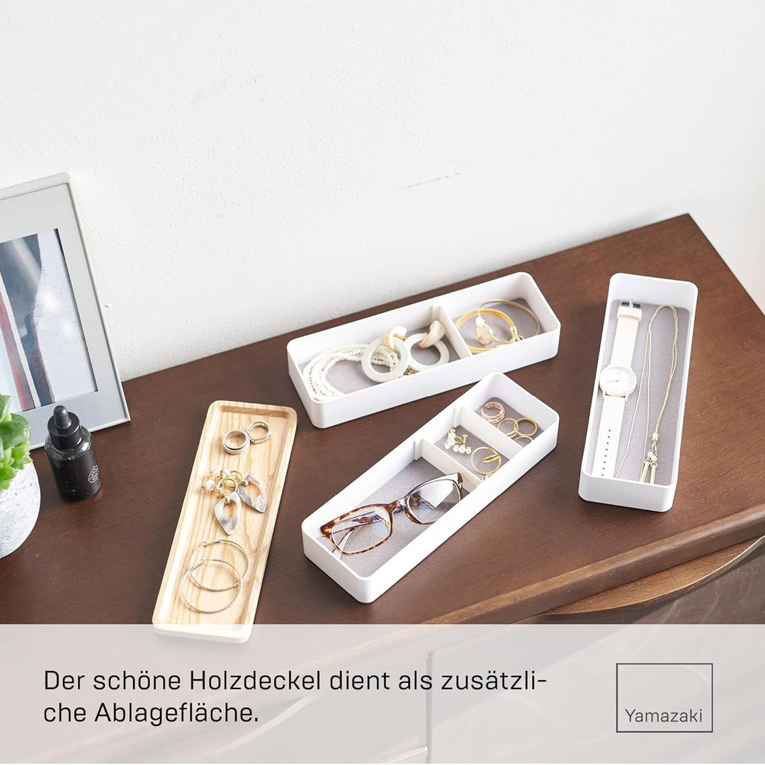 Yamazaki 5811 RIN Schlankes Schmuckkästchen mit Deckel und 3 Ebenen, weiss, ABS Harz/Holz, Minimalis