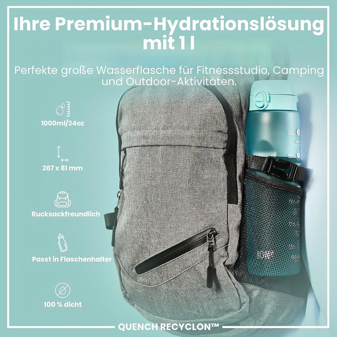 ion8 1 Liter Trinkflasche mit Zeitmarkierungen, Auslaufsicher, Einhandöffnung, Sichere Verriegelung,