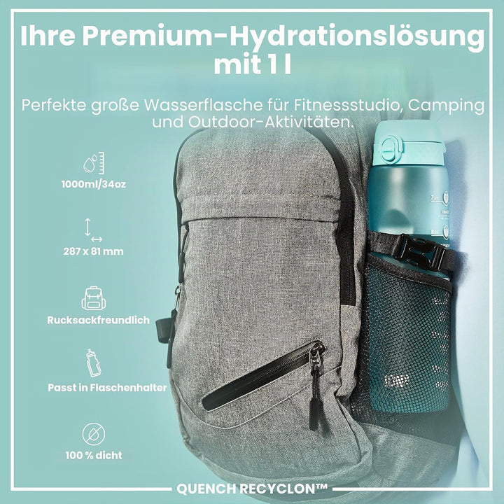 ion8 1 Liter Trinkflasche mit Zeitmarkierungen, Auslaufsicher, Einhandöffnung, Sichere Verriegelung,