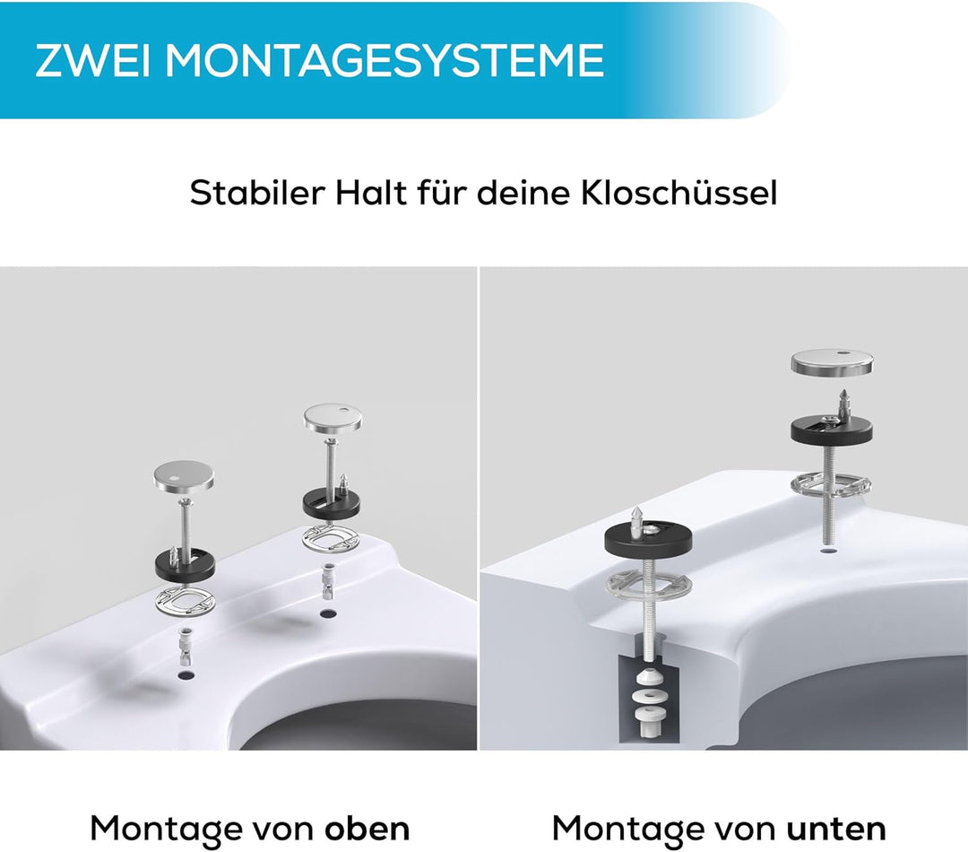 Toilettendeckel schwarz mit Absenkautomatik, WC Sitz Oval Duroplast mit Softclose, stabilen Edelstah