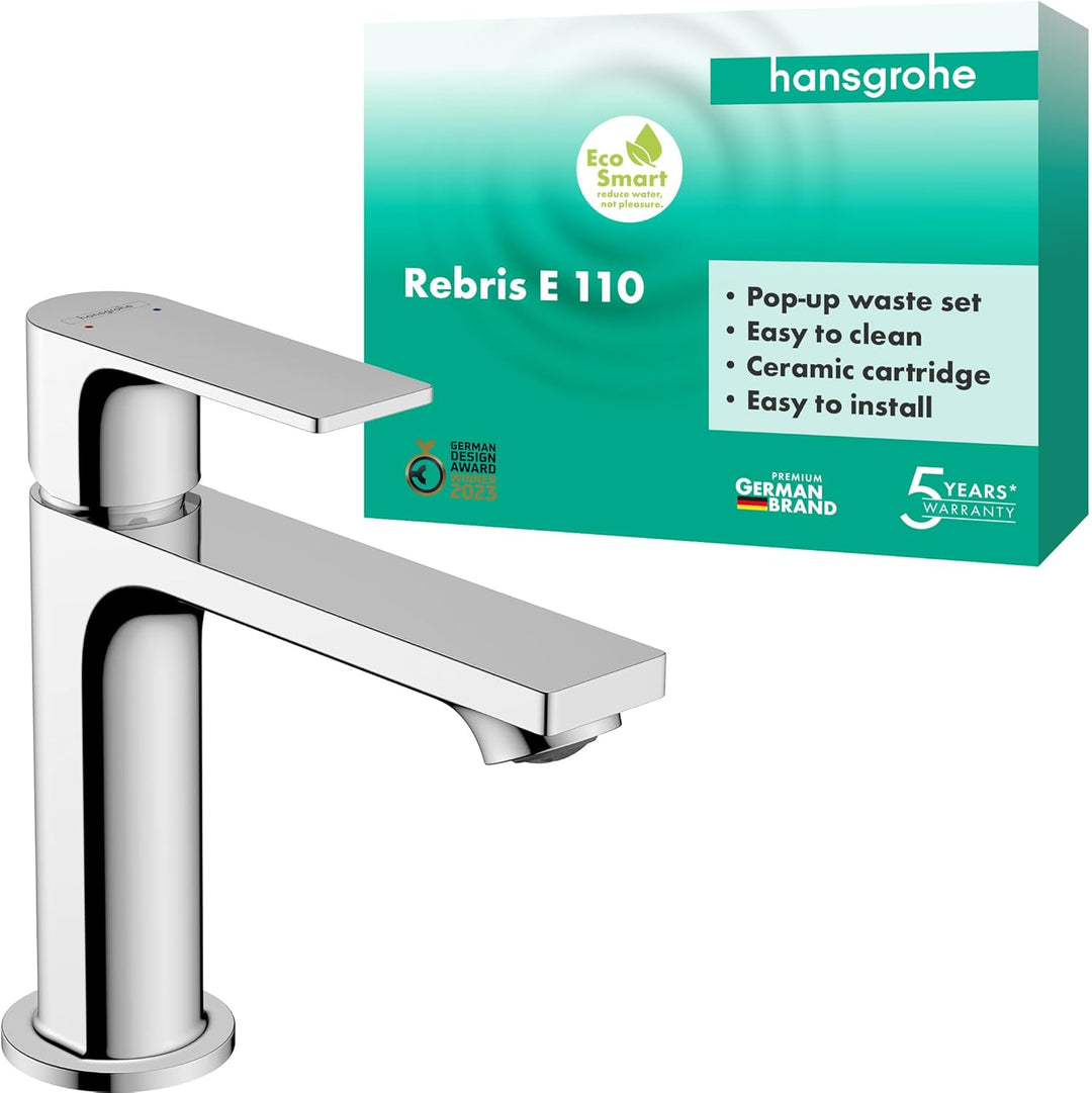 hansgrohe Waschtischarmatur Rebris E, Wasserhahn Bad mit Auslauf Höhe 110 mm, mit Zugstange, Badarma