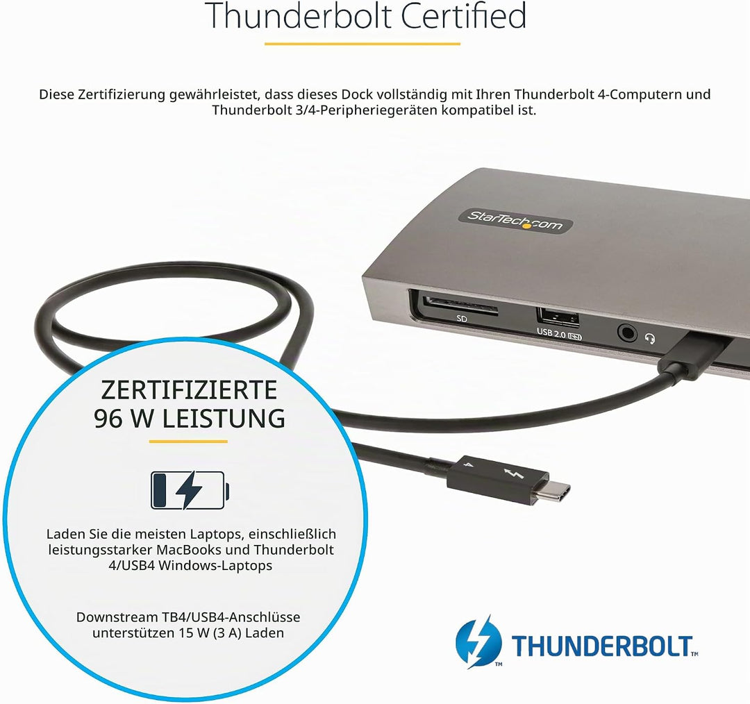StarTech.com Thunderbolt 4 Dock, 96W PD, Einzelner 8K/Doppelmonitor 4K 60Hz, 3xTB4/USB4 Ports/4xUSB-