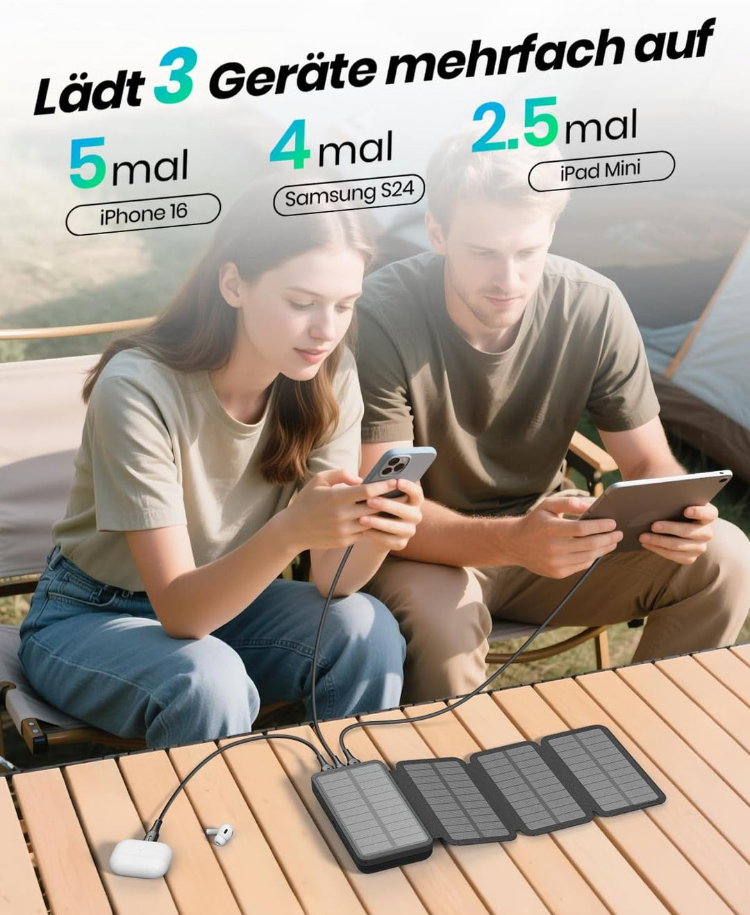 Solar Power Bank - A ADDTOP Solar Ladegerät Tragbares Powerbank Schnelles Aufladen Noir, Noir