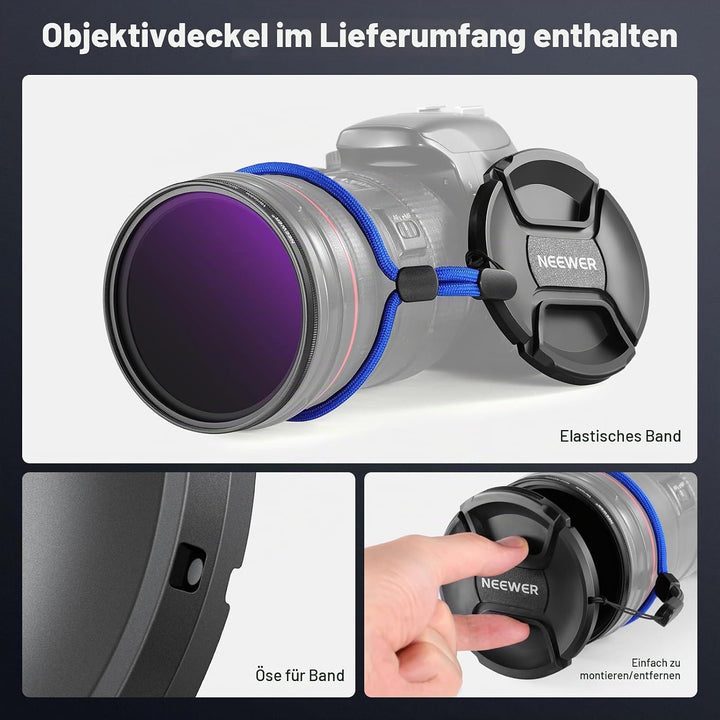NEEWER 82mm ND2-400 (1-9 Stop) Variabler ND Filter mit Objektivdeckel Trageband Reinigungstuch präzi