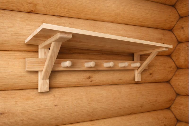 Sauna Wandregal aus Holz 75 cm mit 5 Haken – Badregal mit Ablage für Sauna, Bad & Banja