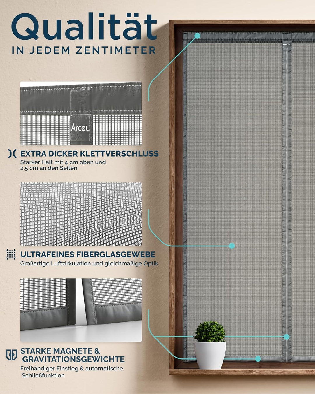 ARCOL Fliegengitter Fenster Magnet 130x160 cm aus Fiberglas – Schluss mit Mücken in 3 Min, Ultrafein