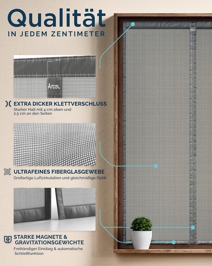 ARCOL Fliegengitter Fenster Magnet 130x160 cm aus Fiberglas – Schluss mit Mücken in 3 Min, Ultrafein