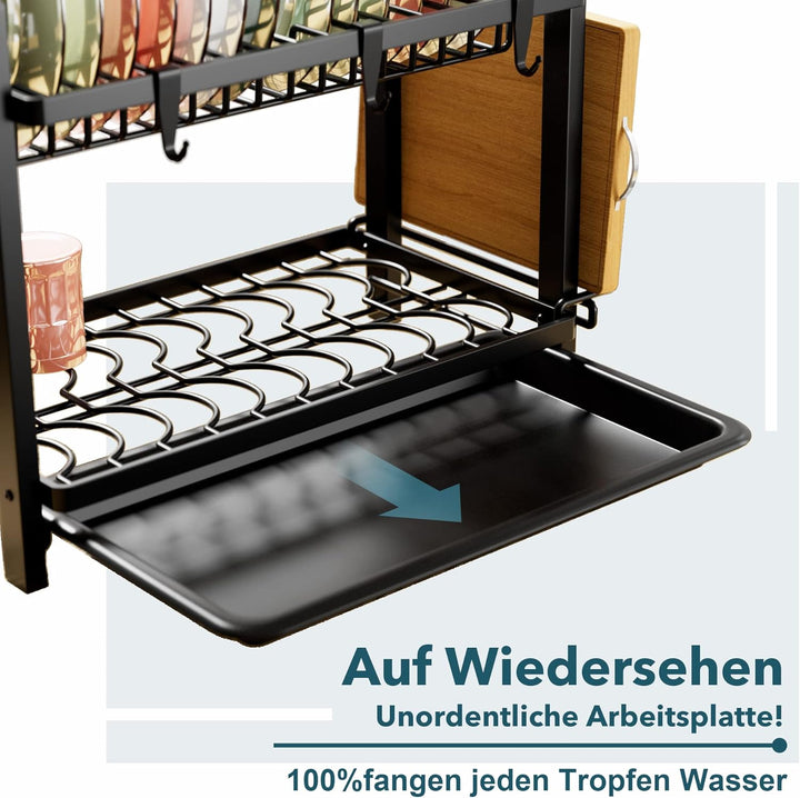 Abtropfgestell Geschirr Schwarz (43.5*24.5*34.5), 2-stufiges Geschirrabtropfgestell Edelstahl, Gesch