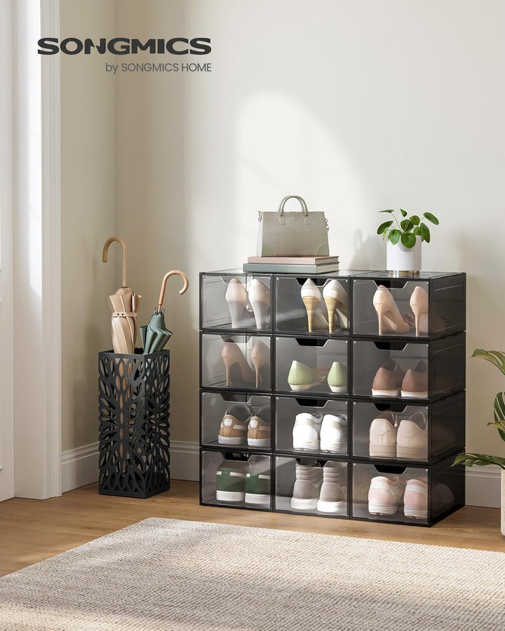 SONGMICS Schuhboxen, Schuh-Organizer aus Kunststoff, mit Tür, durchsichtig, Kunststoffboxen, 6er Set
