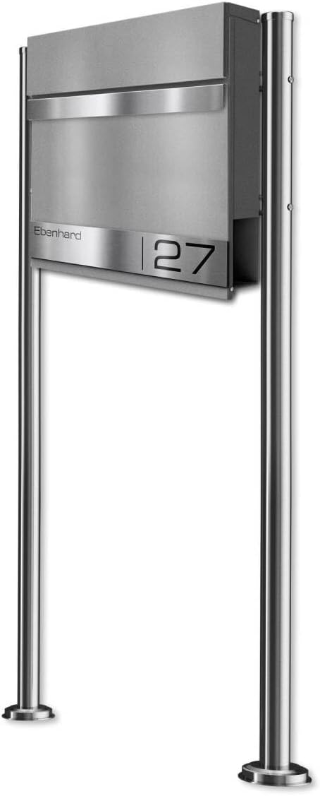Metzler Standbriefkasten in Graualuminium Stencil - Edelstahl-Namensschild, Zeitungsfach &amp; Ständer -