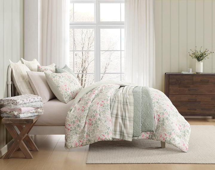 Laura Ashley Blätter Baumwoll-Flanell-Bettwäsche-Set, Mulholland Plaid Grau, Twin Twin Mulholland Pl
