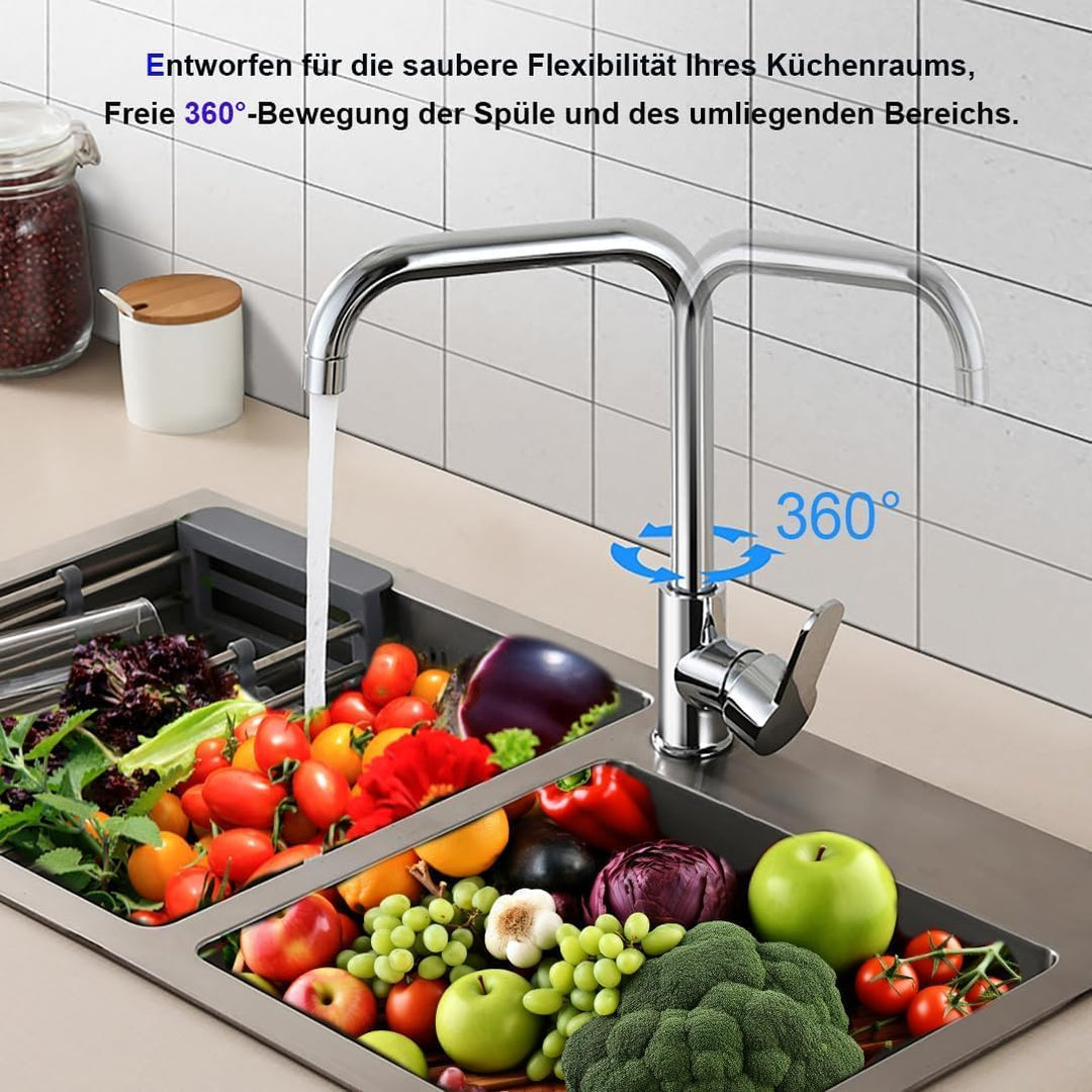360° Drehbarer Heiss- und Kaltwasserhahn für Küche aus Edelstahl, Einhebelmischer für Doppelspüle, t