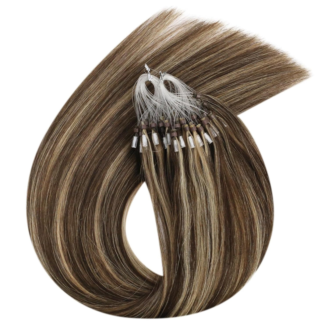 Ugeat Micro Bonding Extensions Echthaar P4/27 Dunkelbraun zu Karamellblond Gesträhnt Extensions Micr