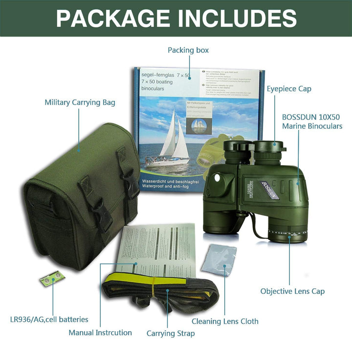10x50 Marine Fernglas,Fernglas mit Nachtsicht Entfernungsmesser und Kompass, für Wassersport-Enthusi
