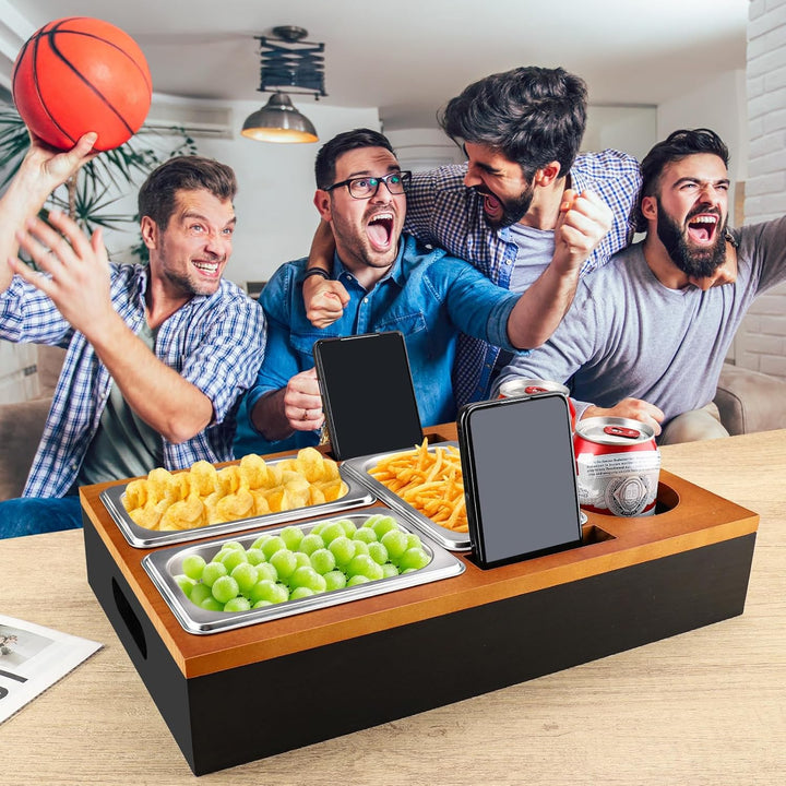 Foydream Couchbar Snackbox, Sofa Tablett Holz mit 3 Snackschalen, 2 Getränkehalter and Handyhalterun
