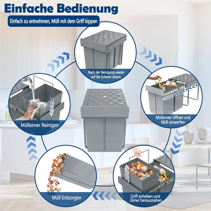 Grau 2 x 20L Einbaumülleimer Mülltrennsystem Ausziehbar Mehrfachbehälter Abfallsammler Schrankmüllei