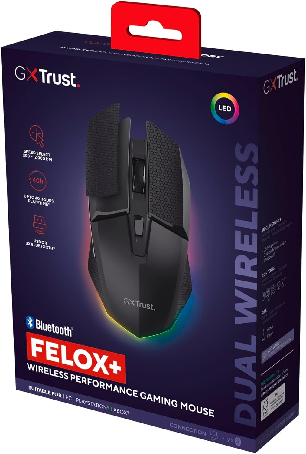 GXTrust 122 Felox+ Kabellose Gaming Maus Bluetooth + 2.4GHz mit Grip Pads, 12K DPI, 40 Stunden Akkul