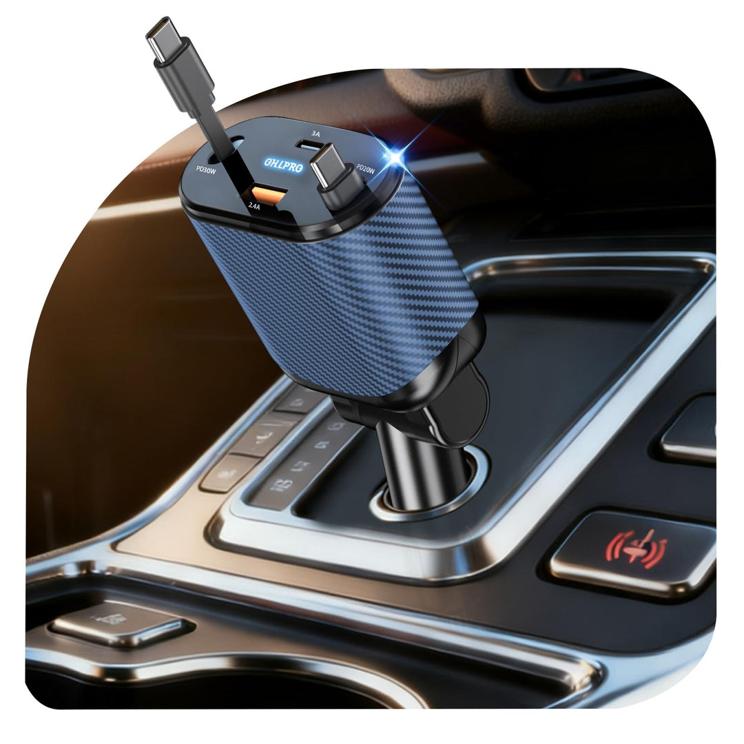 OHLPRO 4 in 1 Einziehbares Auto Ladegerät Zigarettenanzünder USB-C mit 2 Typ-C Kabel, Handy Schnelll