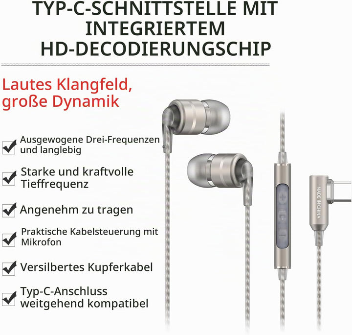 SoundMAGIC E80D Typ-C Ohrhörer mit Mikro, High-Res-DAC, Hi-Fi, Dunkelsilber | Glasklare Anrufe, High