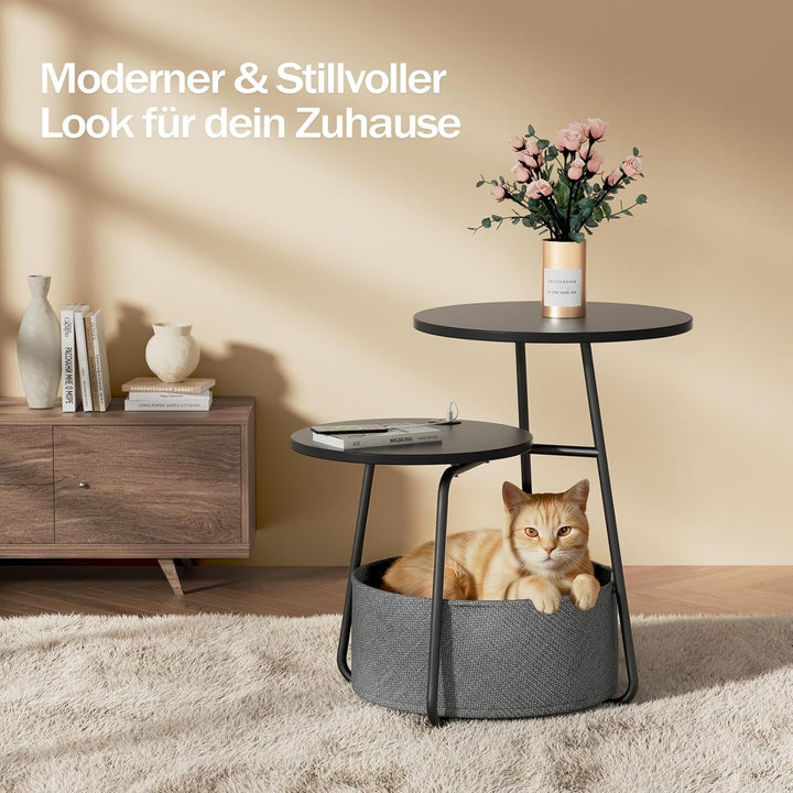 Rolanstar Beistelltisch Rund, Kleiner Tisch mit Ladestation, Runder Couchtisch mit grossem Stoffkorb