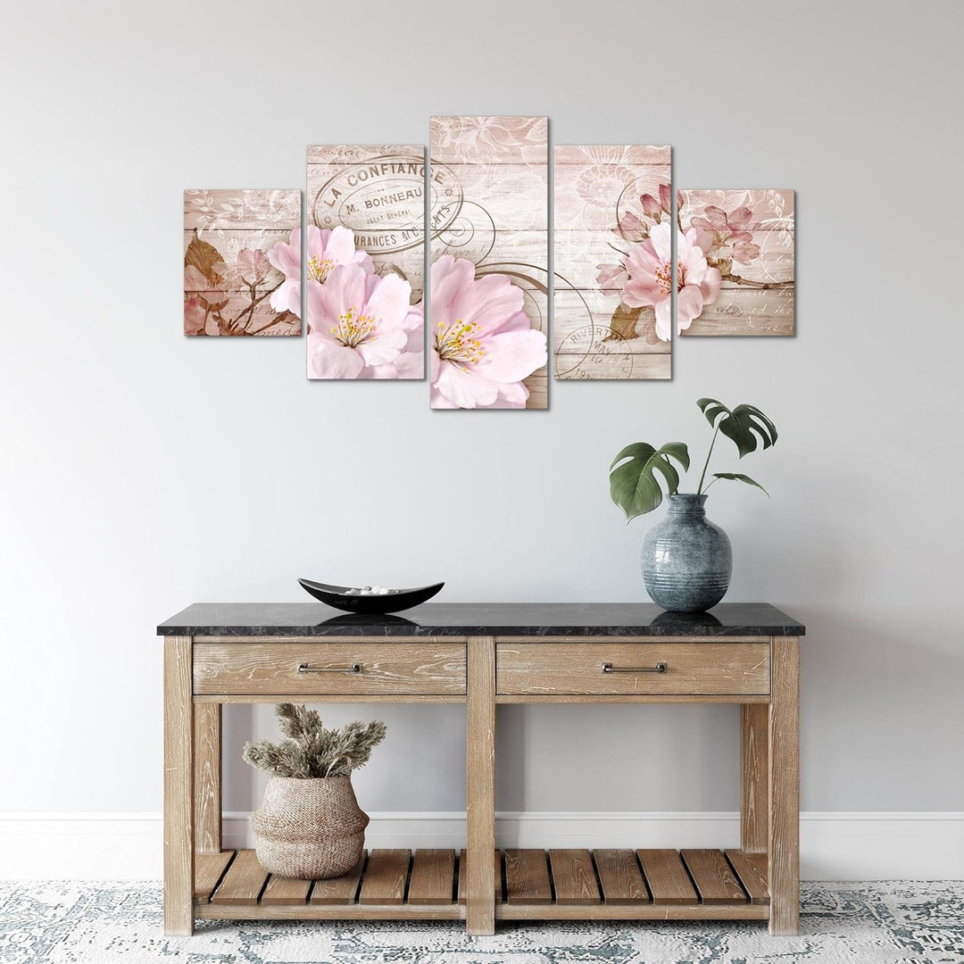 Runa Art Wandbilder Vintage Blumen 5 Teilig Bild auf Vlies Leinwand Deko Wohnzimmer Holzoptik Beige