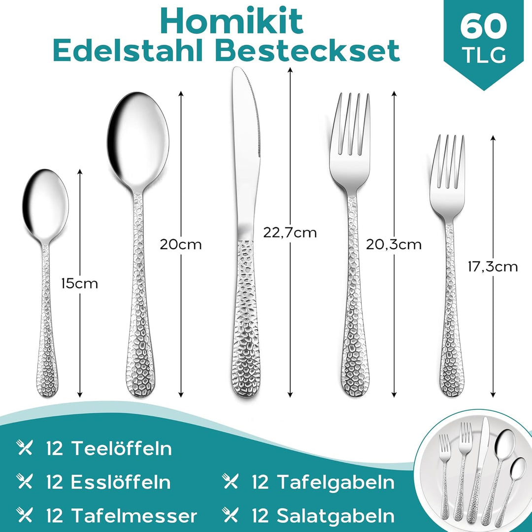 Homikit Besteck Set, 60-teilig Besteckset für 12 Personen, Edelstahl Gehämmertes Tafelbesteck, Essbe