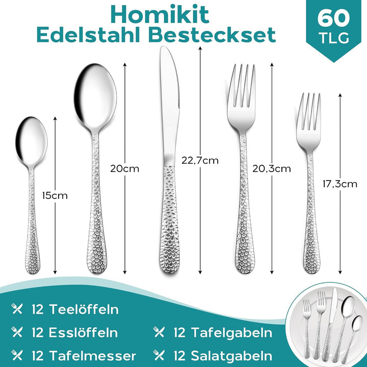 Homikit Besteck Set, 60-teilig Besteckset für 12 Personen, Edelstahl Gehämmertes Tafelbesteck, Essbe
