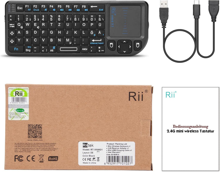Rii X1 Mini Tastatur Wireless, Kabellos Tastatur mit Touchpad, Mini Keyboard für Smart TV Fernbedien