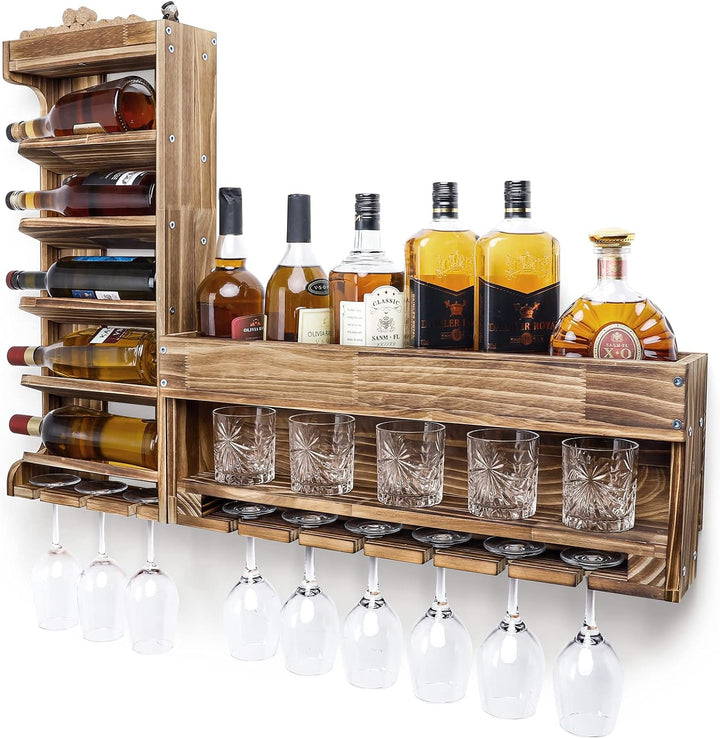 Yorbay Weinregal Palette Beflammt Holz, Wandbar mit Korkhalter, für Weingläser,Whiskygläser,Flaschen