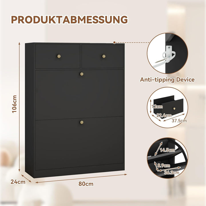 YOURLITE Schuhschrank Schmal, Schuhkipper mit 2 Klappen und 2 Schubladen, Schwarz Schuhregal, Trennw
