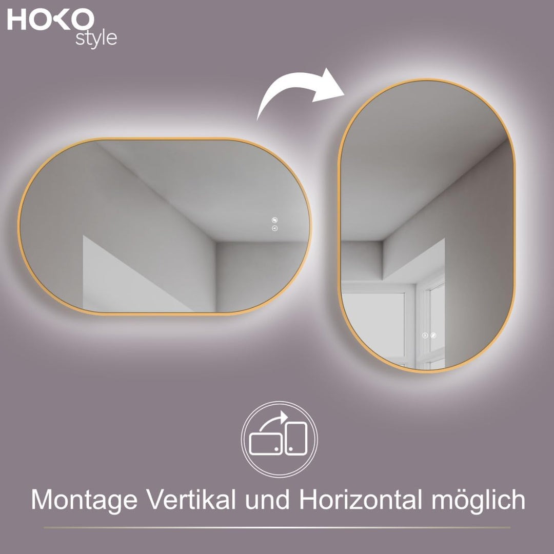 HOKO Design LED Antibeschlag Badspiegel oval 50x90 cm / 90x50 cm Carrara mit Metall Rahmen Gold. HOC