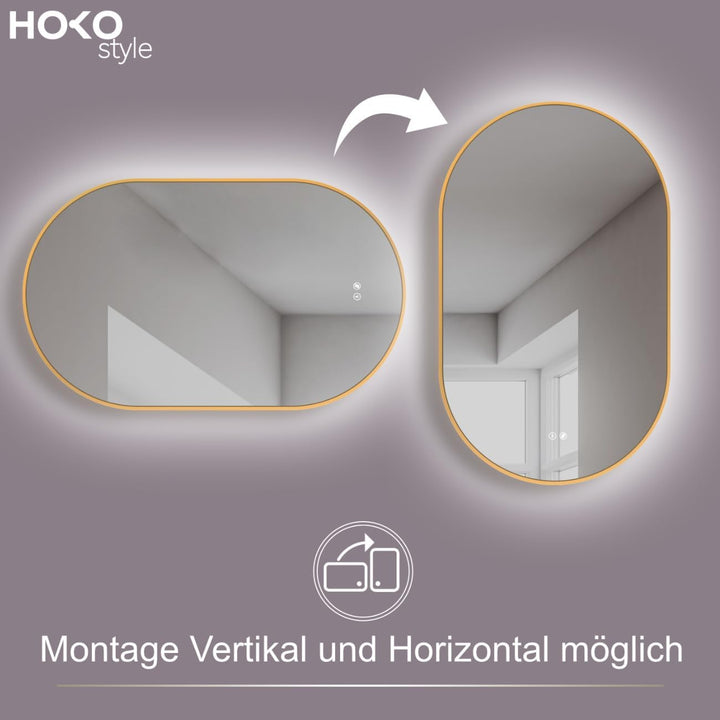 HOKO Design LED Antibeschlag Badspiegel oval 50x90 cm / 90x50 cm Carrara mit Metall Rahmen Gold. HOC