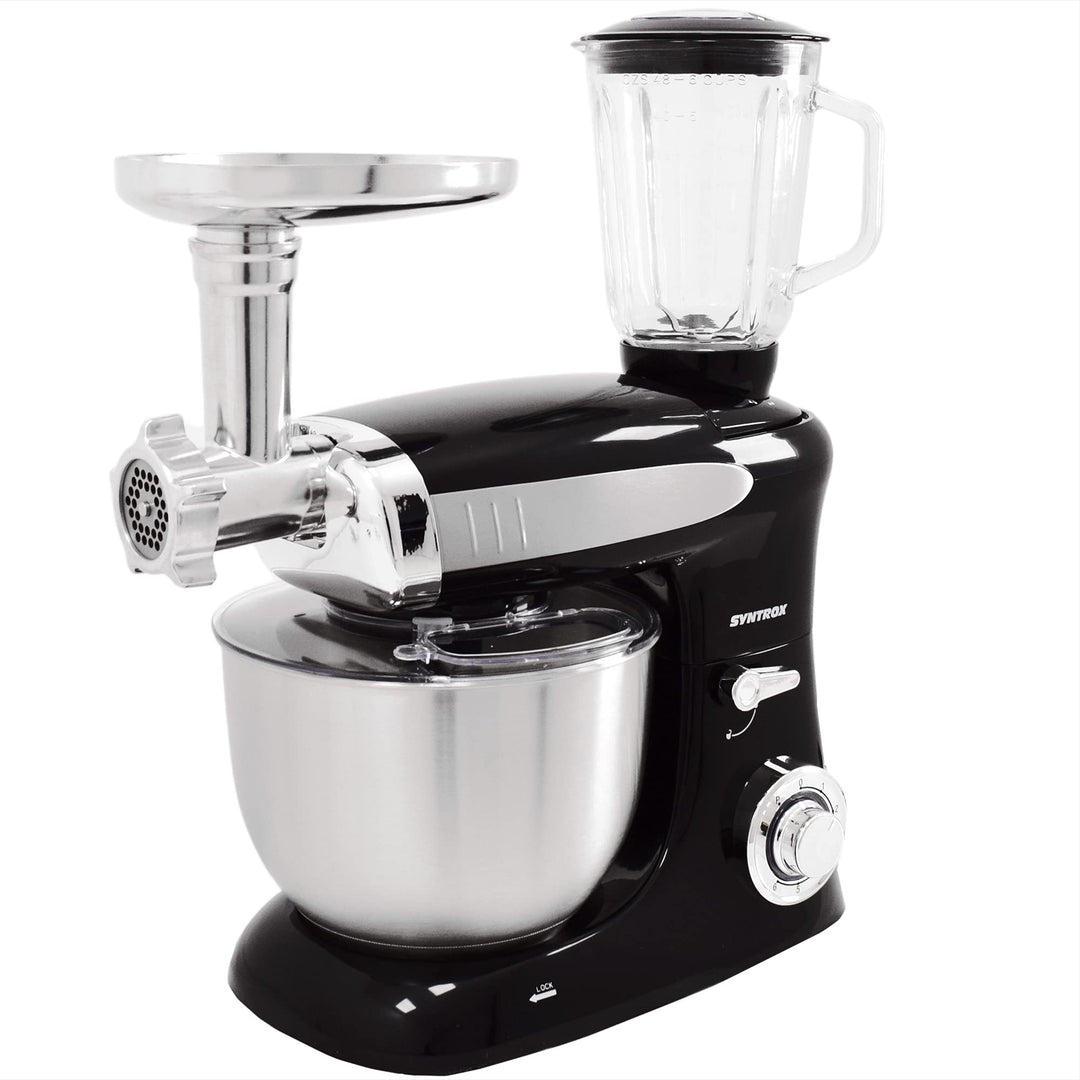 Syntrox Germany KM-1300W Black de Luxe Küchenmaschine Knetmaschine Mixer mit Fleischwolf, Edelstahl-