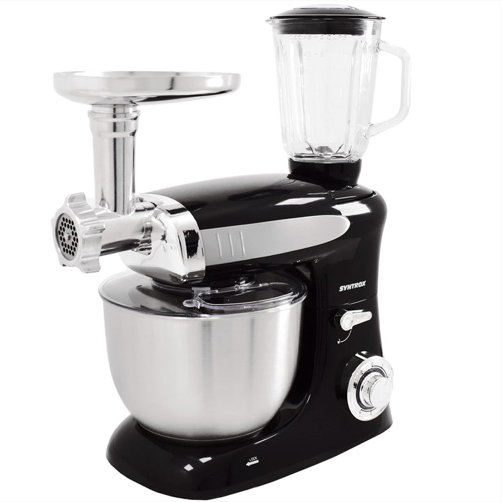 Syntrox Germany KM-1300W Black de Luxe Küchenmaschine Knetmaschine Mixer mit Fleischwolf, Edelstahl-