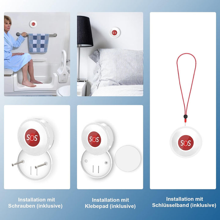 Notrufknopf für Senioren Wasserdicht Panikalarm Caregiver Pager SOS Hausnotruf, Funkklingel 300m Rei