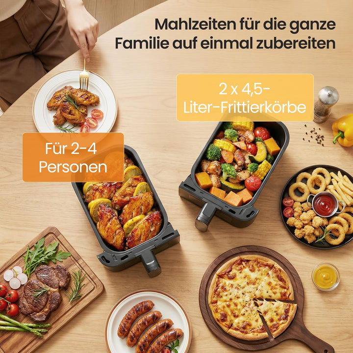 LLIVEKIT 9L Heissluftfritteuse 2 Kammern, Airfryer 2x 4,5L Dual Zone mit 4D Heissluftzirkulation, 95