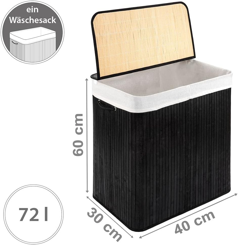PANA®ECO Bambus Wäschekorb mit Deckel - 72 L, 40x30x60 cm - Farbe: Schwarz | Herausnehmbarer Wäsches