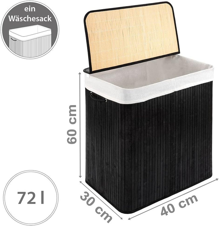 PANA®ECO Bambus Wäschekorb mit Deckel - 72 L, 40x30x60 cm - Farbe: Schwarz | Herausnehmbarer Wäsches