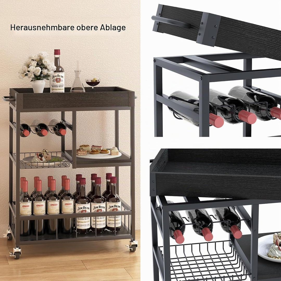 Huhote Servierwagen, Küchenwagen mit Weinregal, Barwagen, Getränkewagen, Rollwagen mit Rollen, Weinw